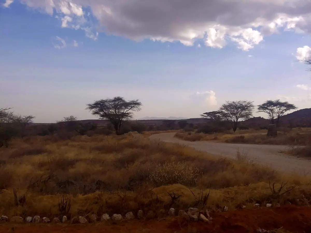 View into Samburu from the Archers Post gate over dry savanna